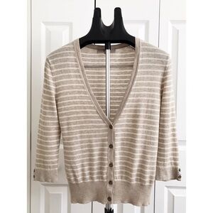 LOFT Sz XS Chic Taupe / White Striped V-Neck Cardi